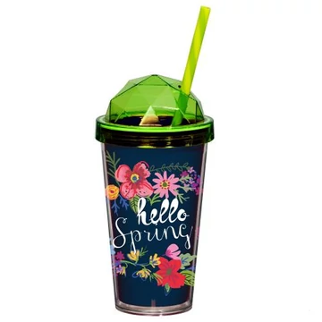 Műanyag virágos pohár tetővel és szívószállal 540ml SO354
