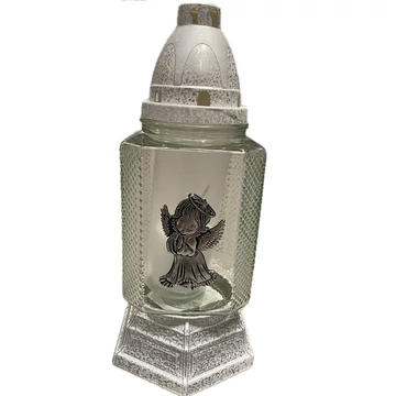 Karácsonyi kegyeleti mécses angyalkás mintával ezüst színben RZ-12 A