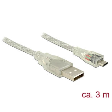 Delock USB 2.0-s kábel A-típusú csatlakozódugóval > USB 2.0 Micro-B csatlakozódugóval, 3 m, áttetsző