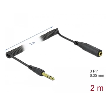 Delock Csavartkábel meghosszabbítás 3 tűs 6,35 mm sztereo Jack apa   sztereo jack anya 2 m, fekete