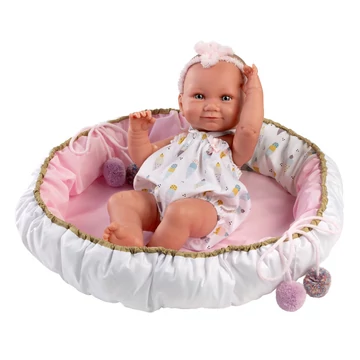 Llorens: Nica 40cm-es újszülött baba fagyi mintás ruhában ágyikóval