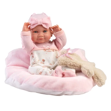 Llorens: Nica 40cm-es újszülött baba macival és rózsaszín ágyikóval