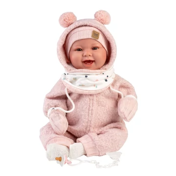 Llorens: Tala Sonrisas 44cm-es újszülött baba hanggal rózsaszín kezeslábasban