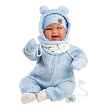 Llorens: Talo Sonrisas 44cm-es újszülött baba hanggal kék kapucnis ruhában