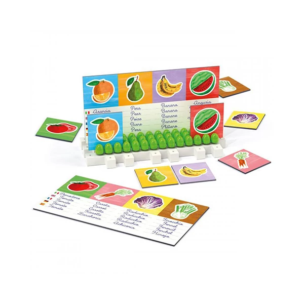 Quercetti: Montessori Zöldségek és gyümölcsök idegen nyelvű oktató játék 3db-os játékszett