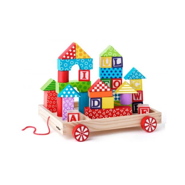 Fa ABC húzós kocsi építőkockákkal és betűkockákkal