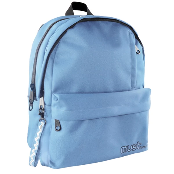 Must: Világoskék négy rekeszes lekerekített iskolatáska, hátizsák 32x19x42cm