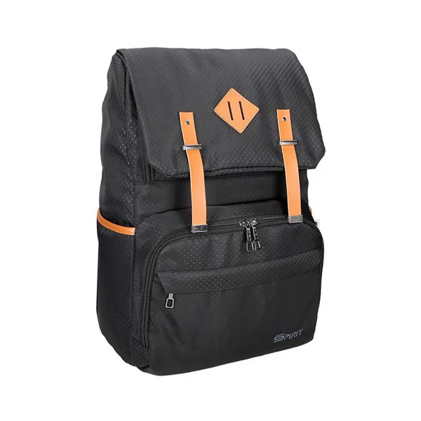 Spirit: Fekete mintázott hátizsák bőrszínű pántokkal 47x33x17cm