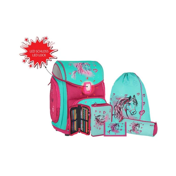 Spirit: Lovas kék-pink 5db-os iskolatáska szett kiegészítőkkel LED fénnyel