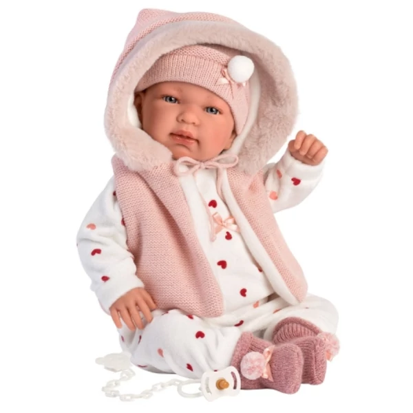 Llorens: Tina 44cm-es síró baba kapucnis rózsaszín mellényben (84440)