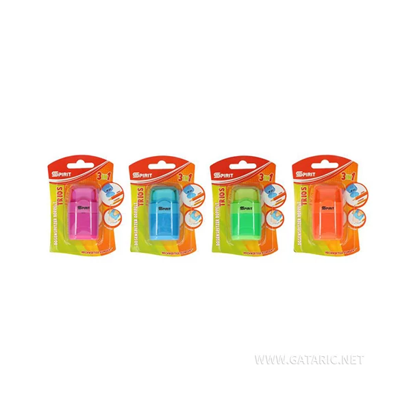 Spirit: Trios 3 az 1-ben 2 lyukú tartályos hegyező és radír többféle színben 1db-os csomag