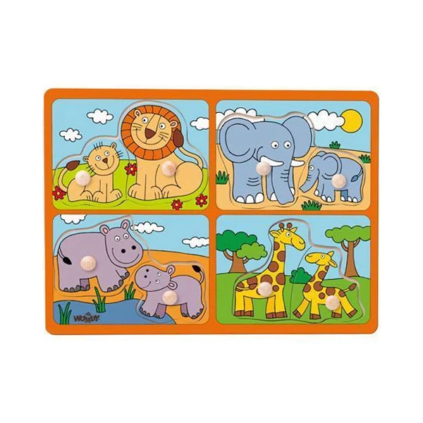 Vadállatok kicsinyükkel fa forma-puzzle fogantyúval - Woodyland