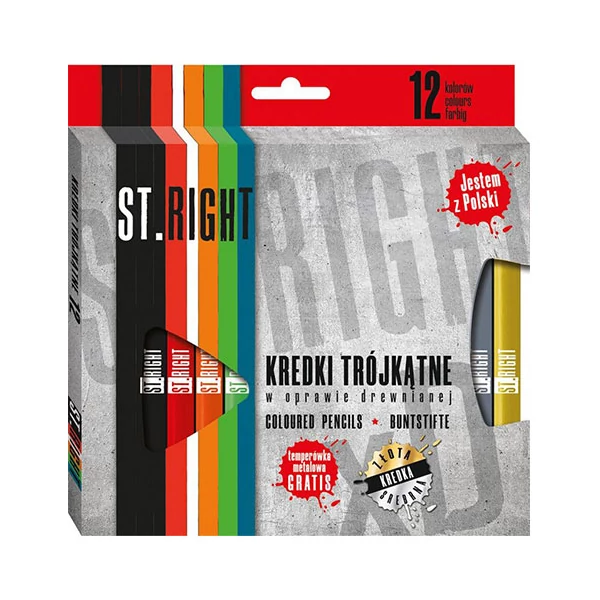 St.Right Háromszögletű színes ceruza 12db-os szett hegyezővel
