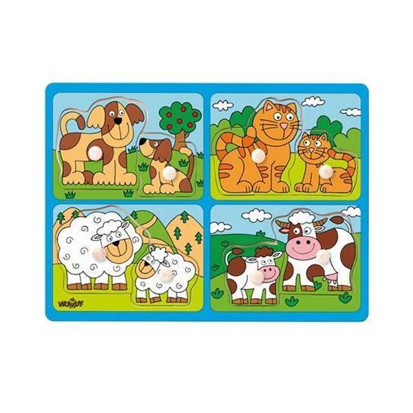 Állatok kicsinyükkel fa forma-puzzle fogantyúval - Woodyland