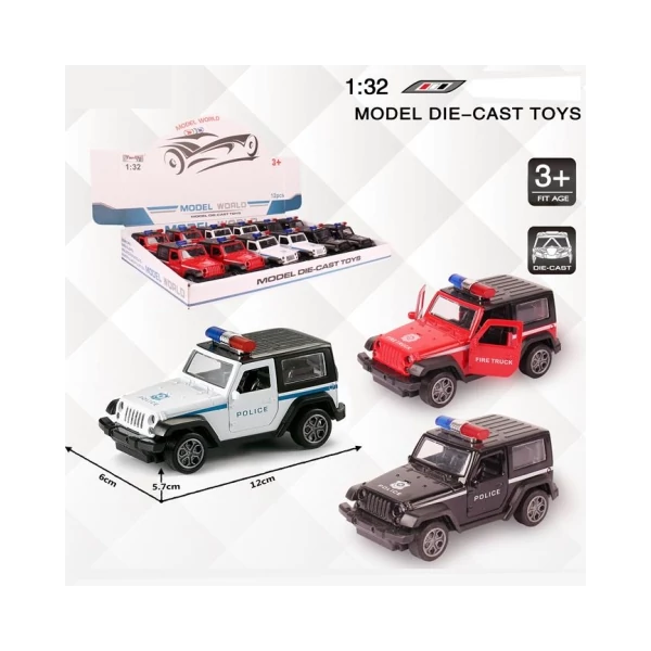 Jeep Wrangler rendőrségi hátrahúzható fém autómodell több változatban 1/32