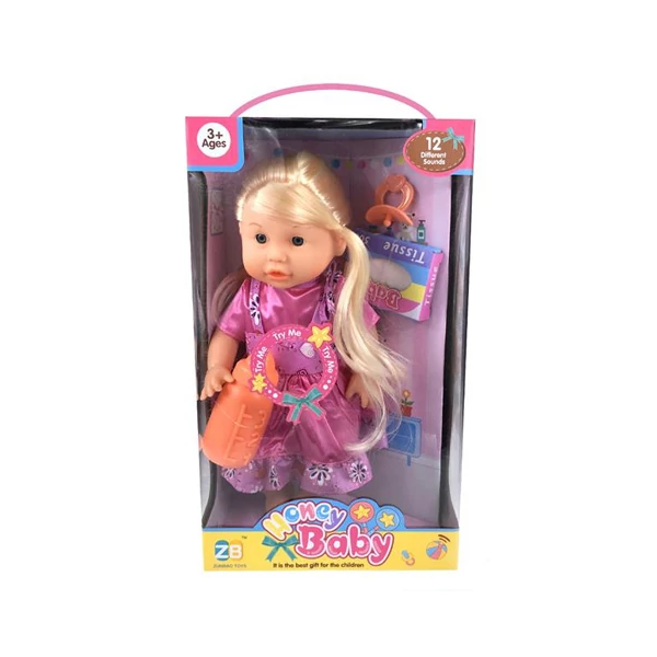 Szőkehajú baba cumisüveggel, kiegészítőkkel és hanggal