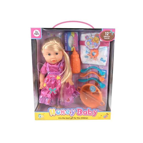 Szőkehajú baba étkészlettel, kiegészítőkkel és hanggal