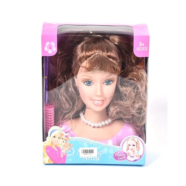 Fésülhető babafej barna hajjal, hajcsavarokkal gyöngy nyaklánccal