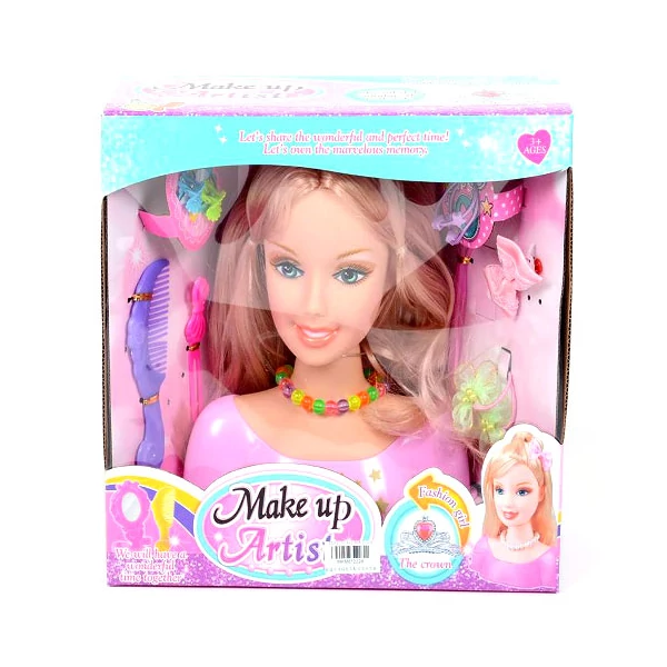 Fésülhető babafej szőke hajjal, masnikkal és kiegészítőkkel