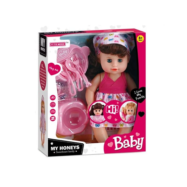 Etethető baba rózsaszín ruhában bilivel és kiegészítőkkel, hanggal