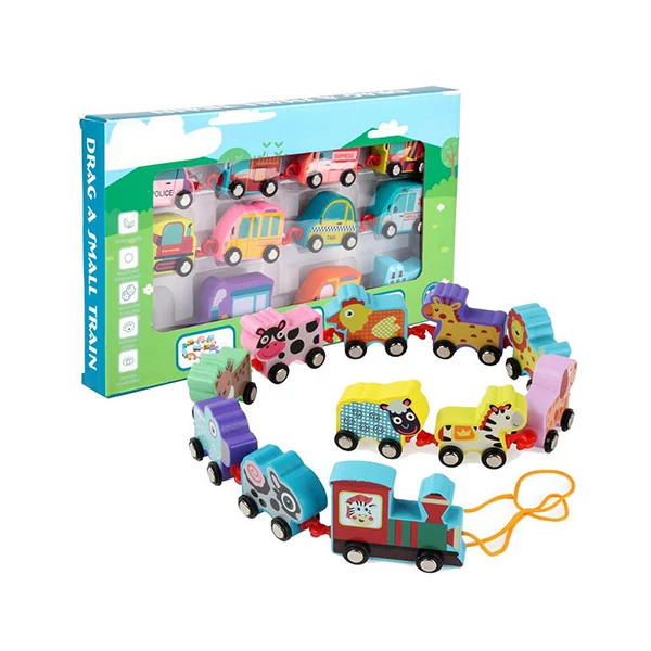 Színes húzható fa állatos vonat szett