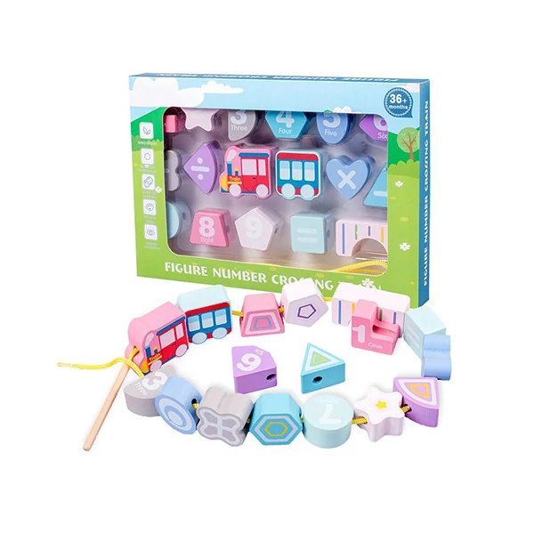 Színes összefűzhető fa vonat szett formákkal