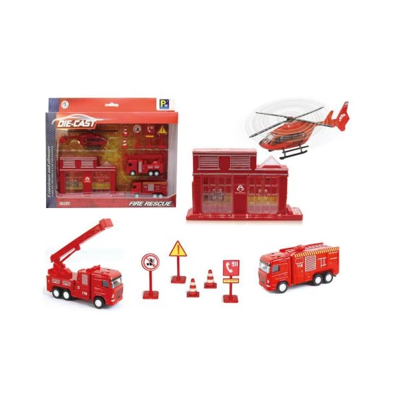 Nagy tűzoltóság játékszett járművekkel és épülettel