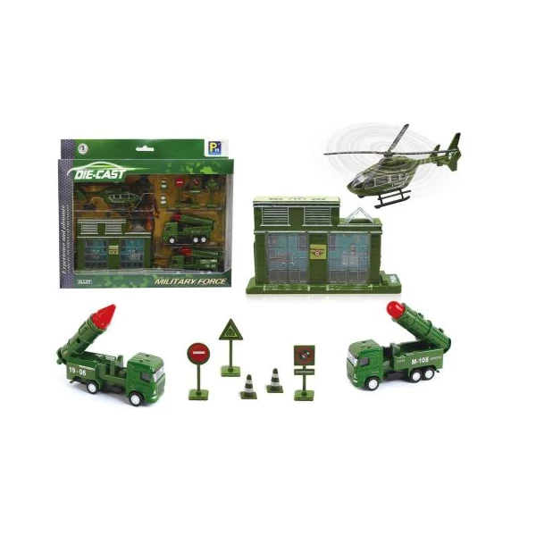 Nagy katonai játékszett járművekkel és épülettel