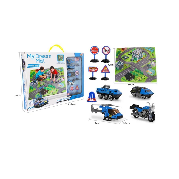 Játszószőnyeg renőrségi járművekkel és táblákkal