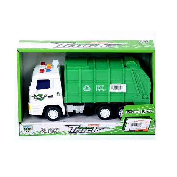 Zöld szemétszállító teherautó fénnyel