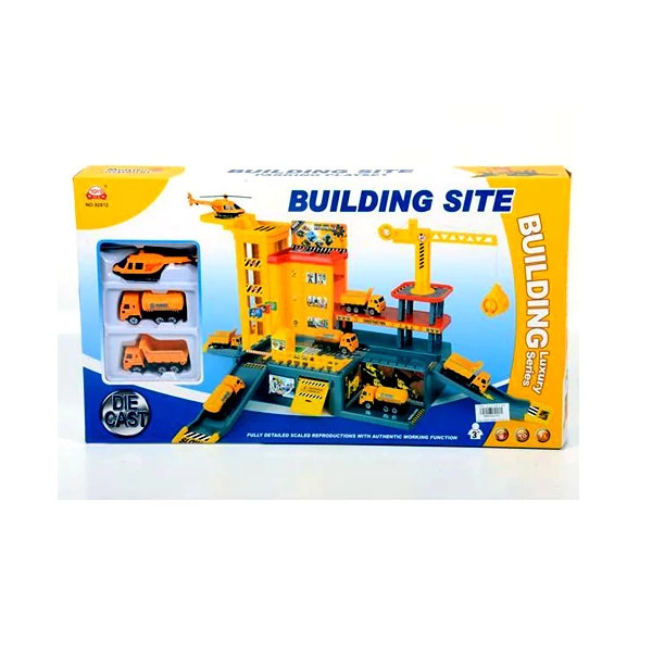 Építkezési központ parkolóházzal és járművekkel