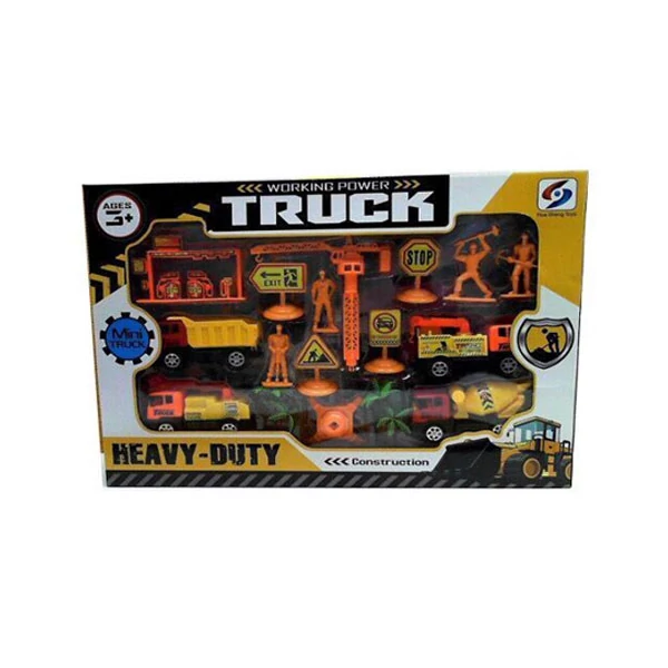 Építőipari játékszett járművekkel, figurákkal és táblákkal