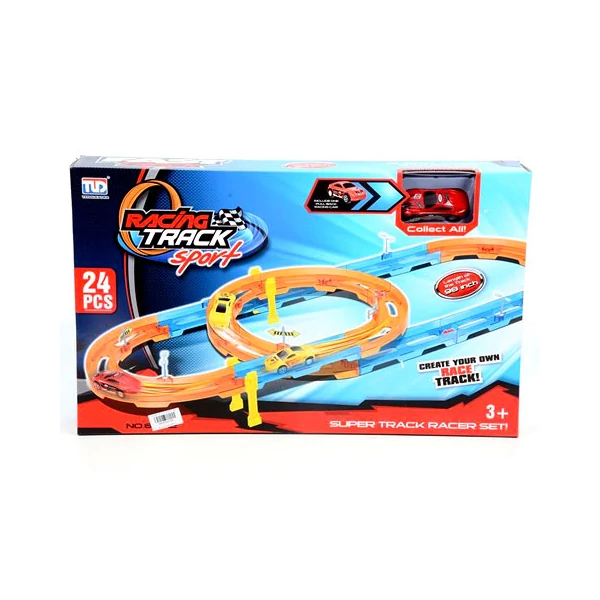 Super Track 24db-os versenypálya szett spirállal és hátrahúzható autóval 1/64