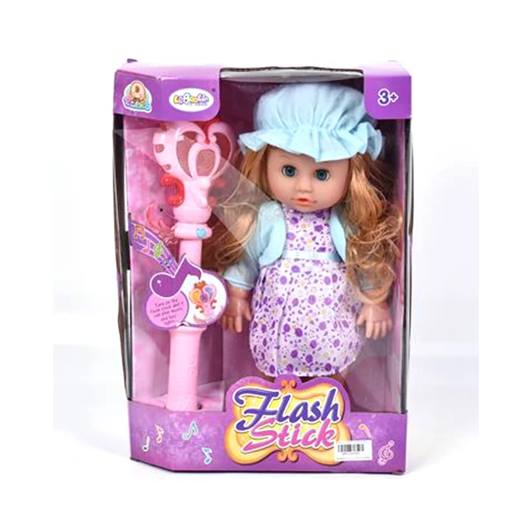 Göndör barna hajú 36cm-es játékbaba zenélő és világító jogarral