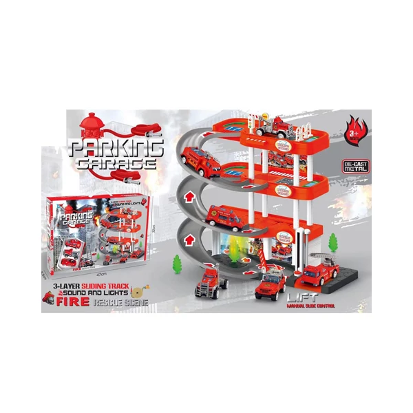 3-emeletes parkolóház tűzoltóautókkal, fénnyel és hanggal