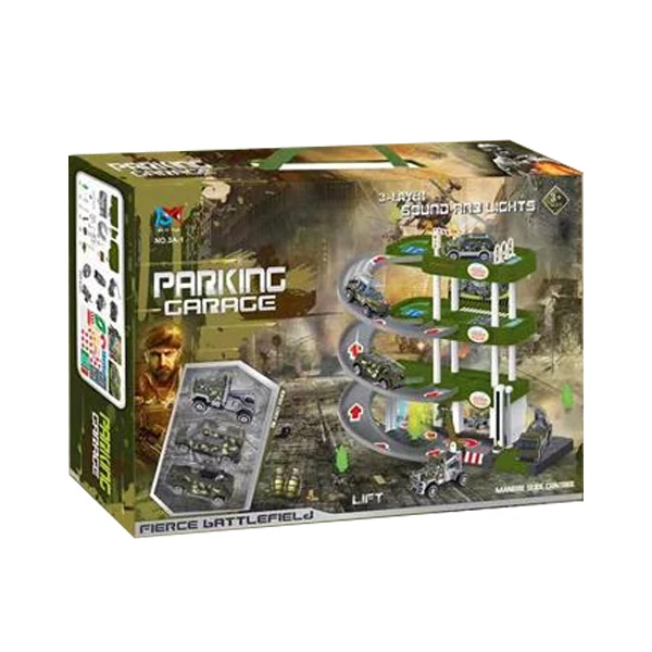 3-emeletes parkolóház katonai járművekkel, fénnyel és hanggal