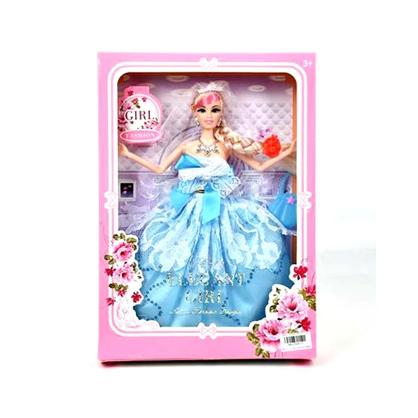 Fashion hercegnő divatbaba kék ruhában, táskával