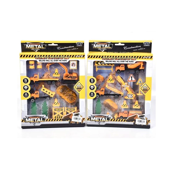 Építőipari játékszett kétféle változatban járművekkel és kiegészítőkkel