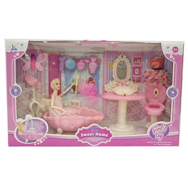 Divatbaba fürdőszobával és kiegészítőkkel