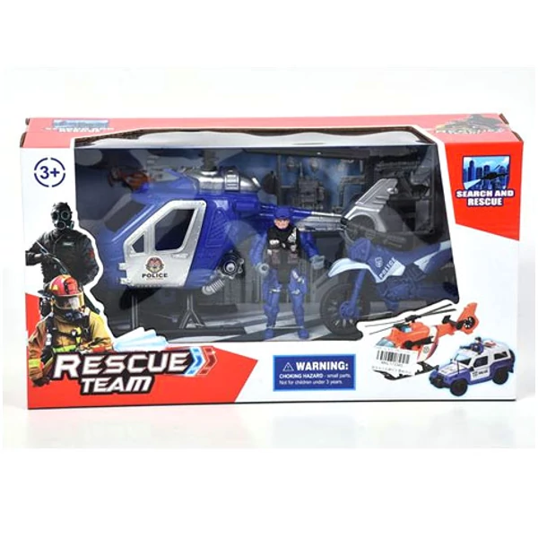 Rendőr játékszett motorral és helikopterrel