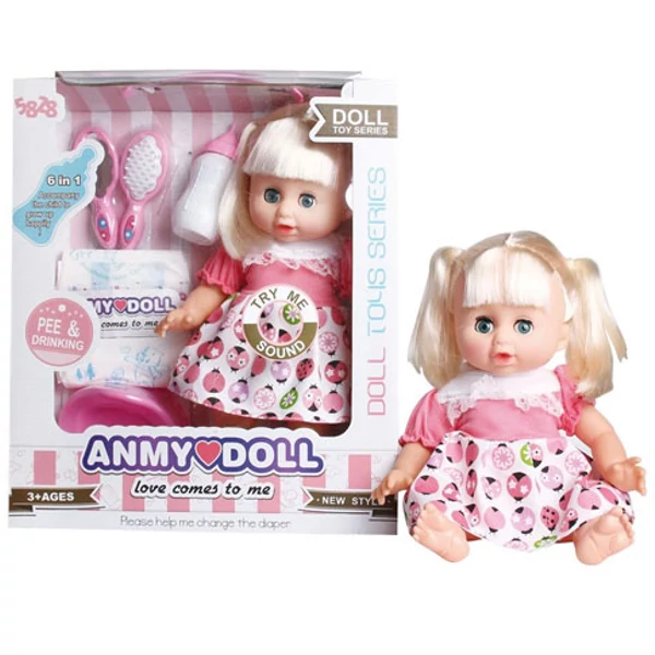 Szőke hajú pisilős baba hanggal, katicás ruhában