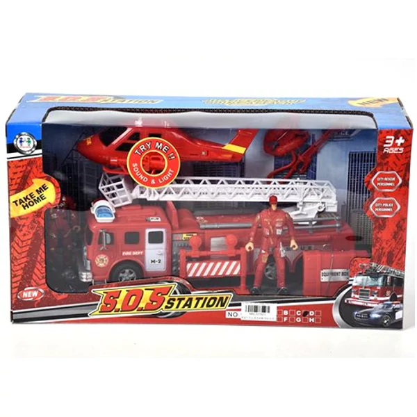 Tűzoltóautó és helikopter fénnyel, hanggal és figurákkal