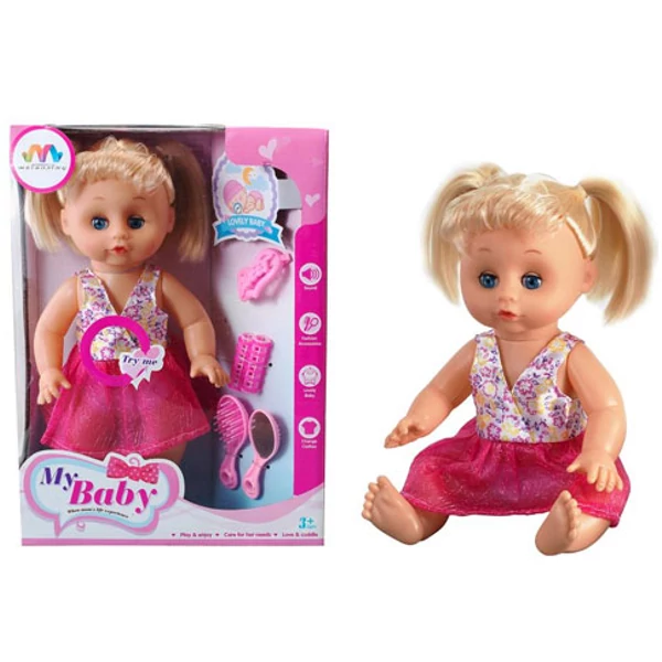 Szőke hajú baba hanggal hajcsavaróval és kiegészítőkkel