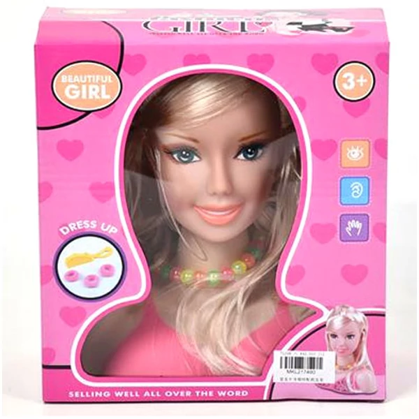 Szőke hajú fésülhető babafej fésűvel és nyaklánccal