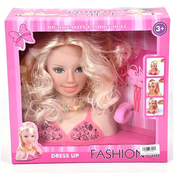 Szőke hajú fésülhető babafej hajtűvel és hajgumival