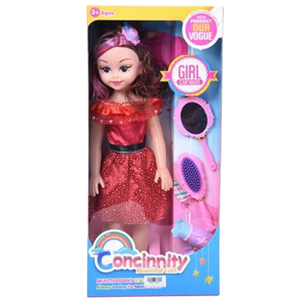 Divatbaba piros színű ruhában fésűvel és hang effektekkel 46cm