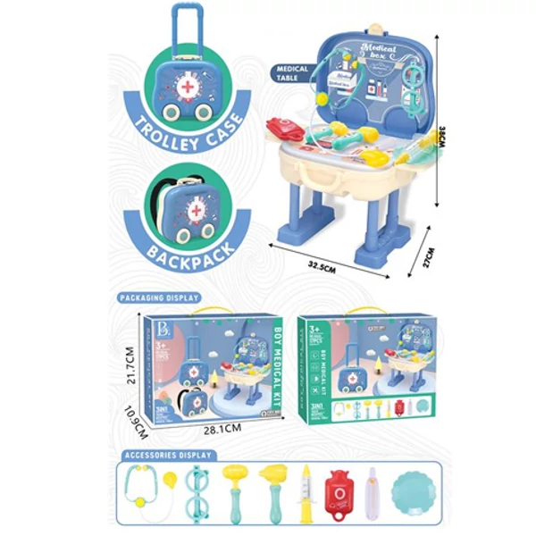 Kék 2az1-ben játék orvosi szett gurulós bőröndben