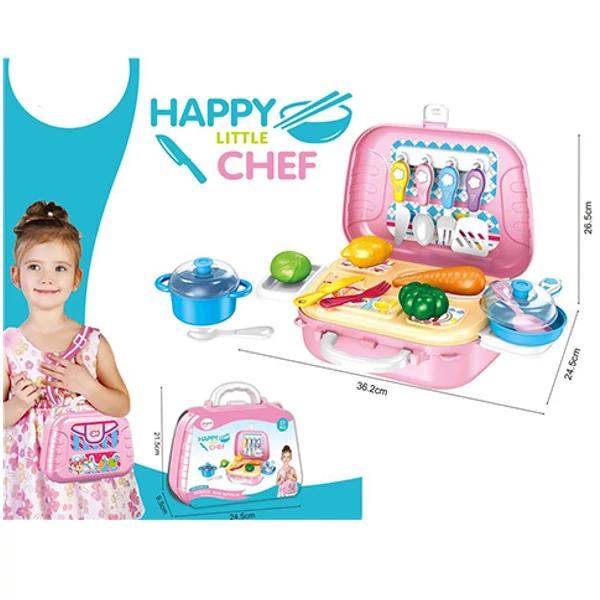 Hordozható pink játékkonyha készlet bőröndben 21db-os szett