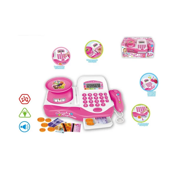 Elektromos pénztárgép pink színben, mérleggel és kiegészítőkkel