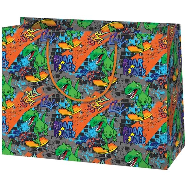 Gördeszkázó T-Rex közepes méretű ajándéktáska 18x10x23cm